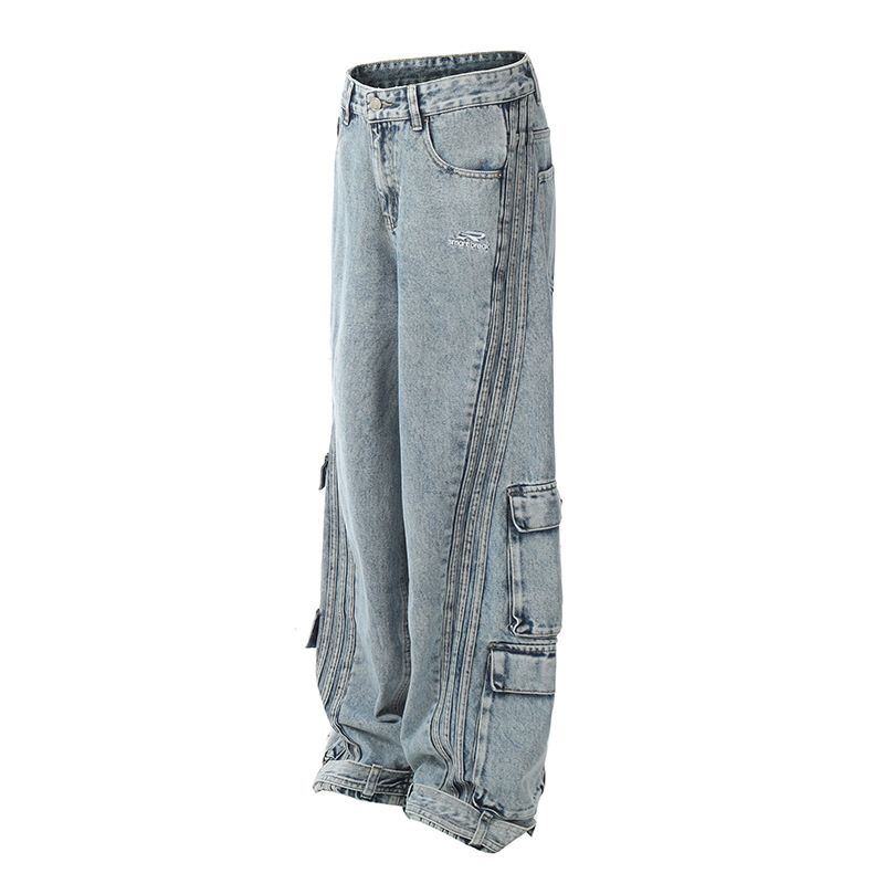 Vêtements pour hommes Jeans de travail multi-poches Jeans amples droits à jambes larges Pantalons de nettoyage décontractés pour couples Hip Hop_voghion.com