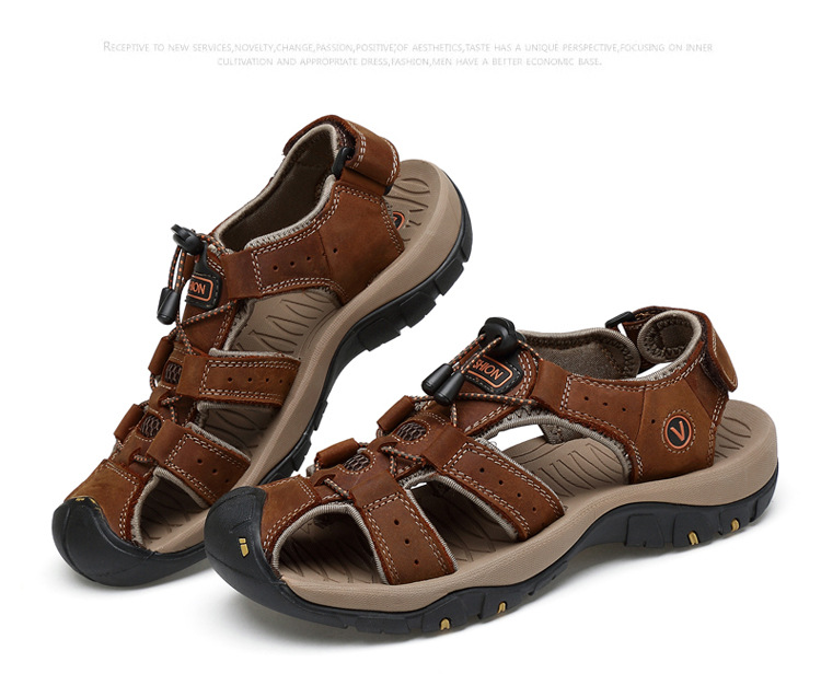 Sommer-Herren-Sandalen und Hausschuhe in großen Größen, Strandschuhe mit Klettverschluss, Baotou-Sandalen aus echtem Leder, atmungsaktive Freizeitschuhe aus Leder_voghion.com