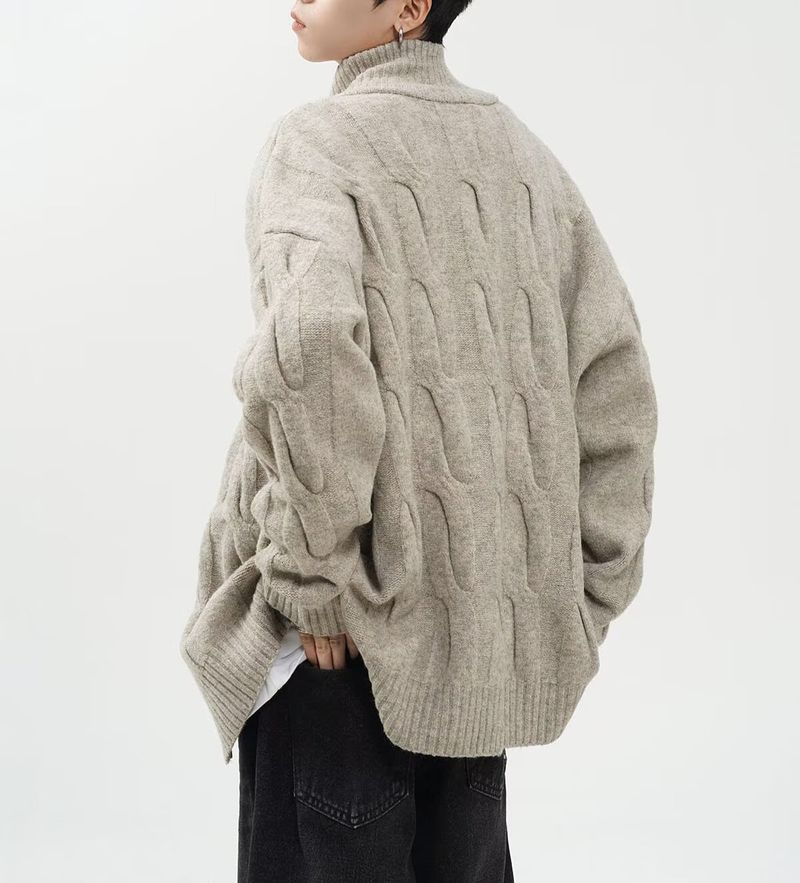 Maglione semi-dolcevita da uomo - Cardigan oversize in maglia a trecce con tessuto elasticizzato traspirante, abbigliamento unisex per l'autunno (nero/kaki/blu)_voghion.com