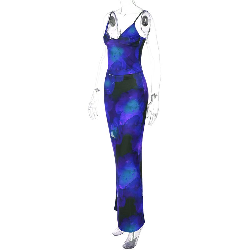 Női ruházat Nyári Új Divat Nyomtatás Szexi V-nyakú Kis Mellény Karcsú Szoknya Öltöny_voghion.com