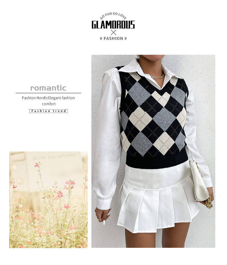 College Sweet and Spicy Style Short Knitted Rhombus Sweater Waistcoats_voghion.com