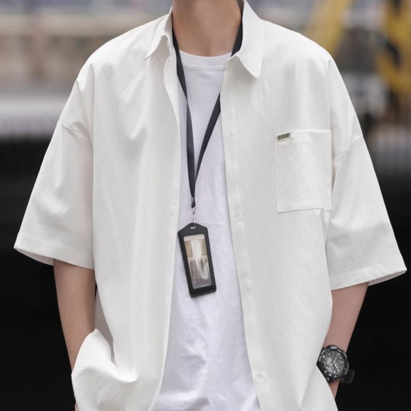 Short Black Ice Silk Thin Trendy Brand Casual Shirt Men Loose Jacket Summer Half Sleeve_voghion.com