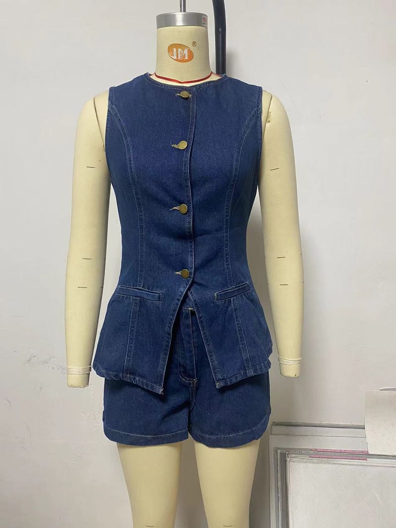 Frauen Kleidung mode lässig ärmellose hohe taille frauen anzug denim shorts_voghion.com