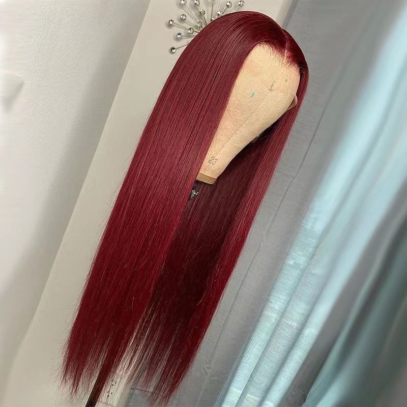 Pruik vrouw wijnrood lang steil haar met lange pony mode hoofddeksel van chemische vezels_voghion.com