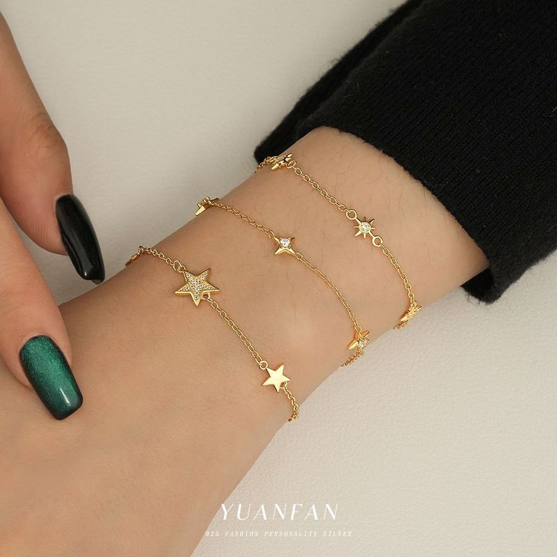 Bracelet tendance en argent pur S, polyvalent, géométrique, en forme d'étoile à cinq branches, serti de diamants, style français clair._voghion.com