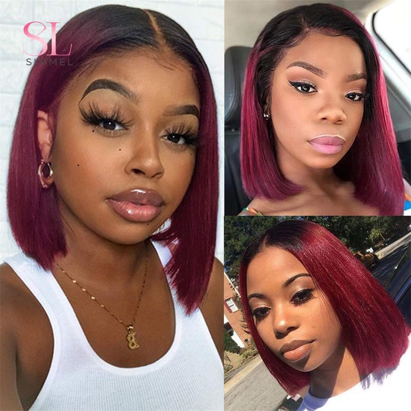Hetsäljande T1B/99j Bury Red Rakt Bob T-del Lace Front Människohår För Kvinnor Färgat Brasilianskt Remy Hår Limfri Naturlig Peruk_voghion.com