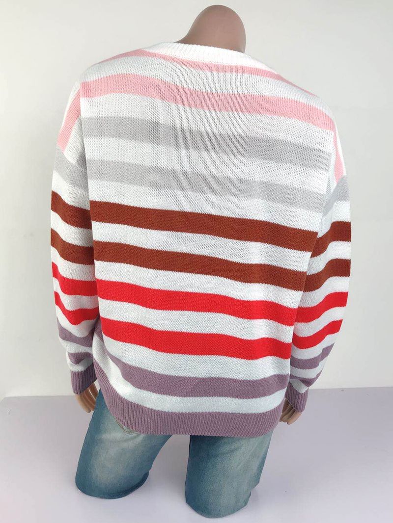 Gestreifter, farblich passender Damenpullover für Herbst- und Winterstudenten_voghion.com