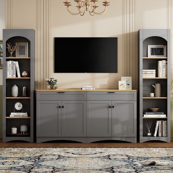 ON-TREND 3-Piece Farmhouse Entertainment Center With Storage Cabinet For TVs Up To 70', Mid-Century TV Stand With Bookshelf, Rustic Versatile Sidebo_voghion.com