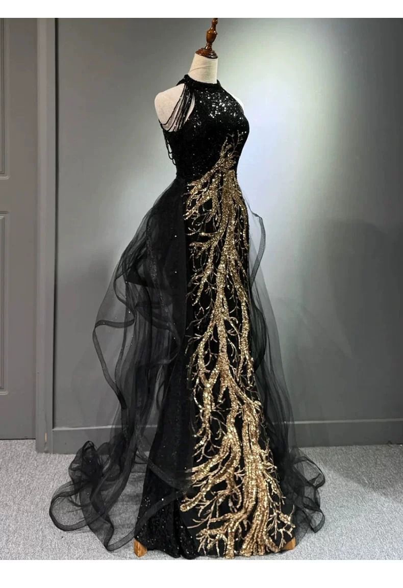 Schwarzes Neckholder-Abendkleid mit Fischschwanz – Hochwertiges, schmal geschnittenes Abendkleid für Prominente für Hochzeiten und Galas (XS-5XL)_voghion.com