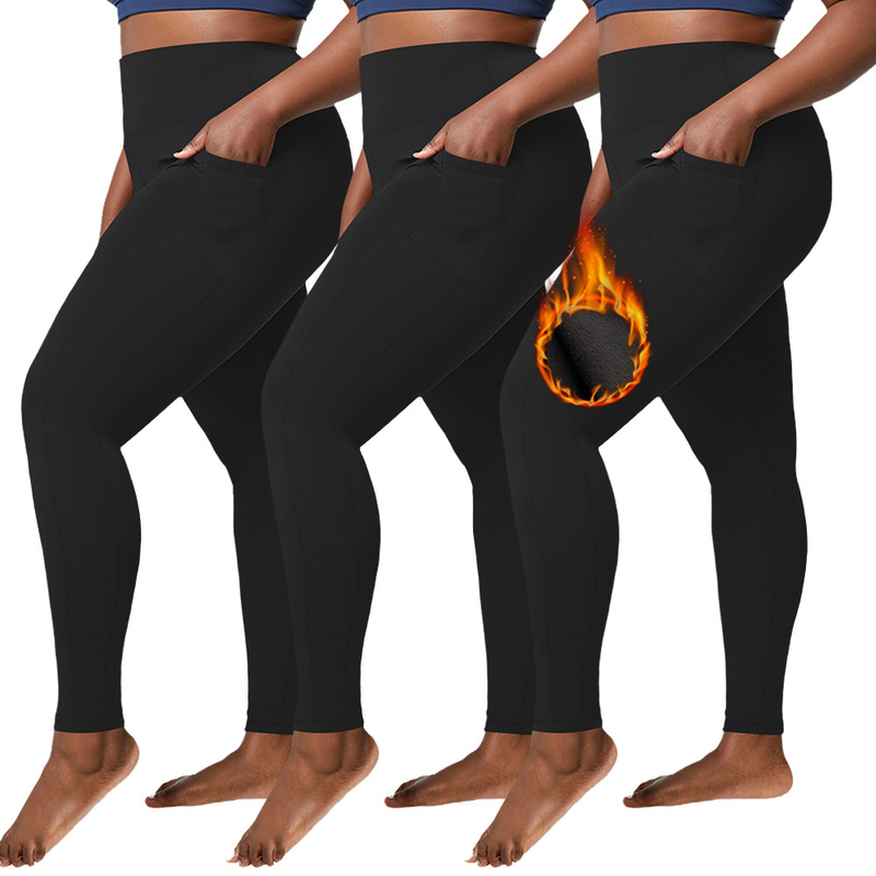 Women's clothing Fleece lined plus fleece plus size leggings high waisted warm yoga pants with pockets suitable for exercise_voghion.com