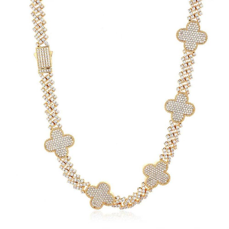 Hip Hop Spring Clasp Vierbladige Klaver Ruit Cubaanse Ketting Zirkoon Veelzijdige Herenketting_voghion.com