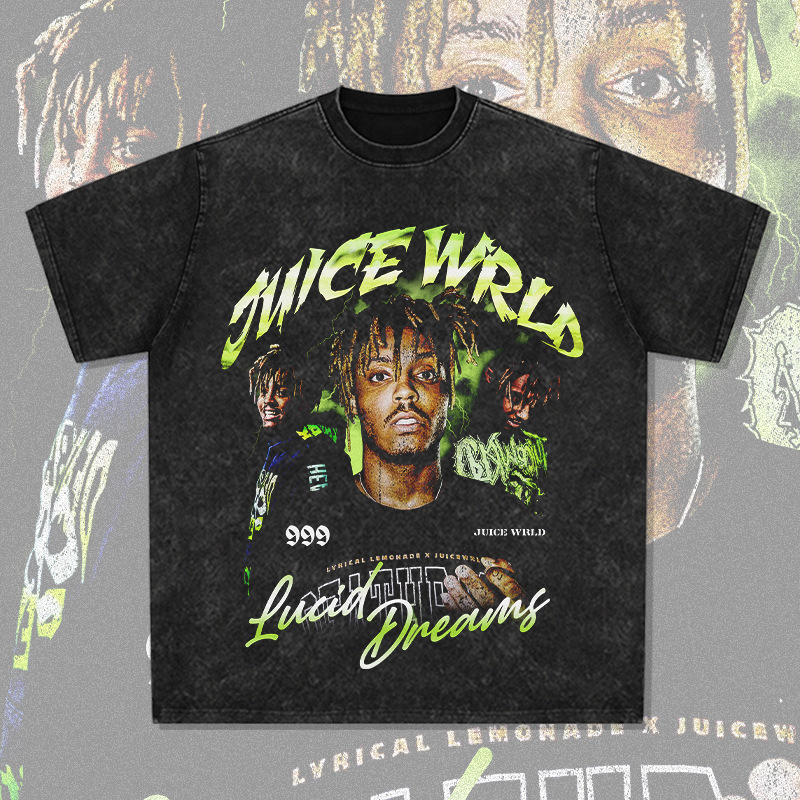 T-shirt à manches courtes et longues, imprimé rap américain Juice Wrld, hip-hop street, délavé, tendance_voghion.com