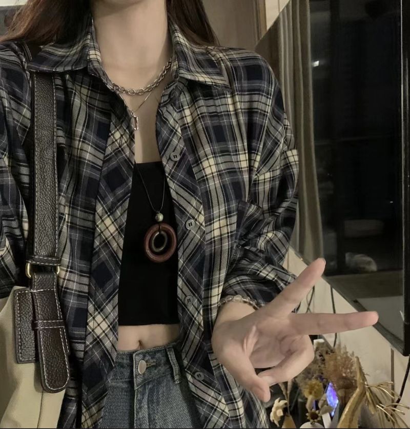 Giacca americana da donna, primavera/estate 2024, design casual a maniche lunghe, camicia a quadri in bianco e nero per donna_voghion.com