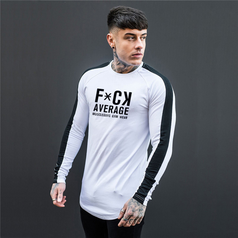 T-shirt da uomo patchwork a maniche lunghe in cotone slim a base lunga con stampa di lettere da palestra_voghion.com
