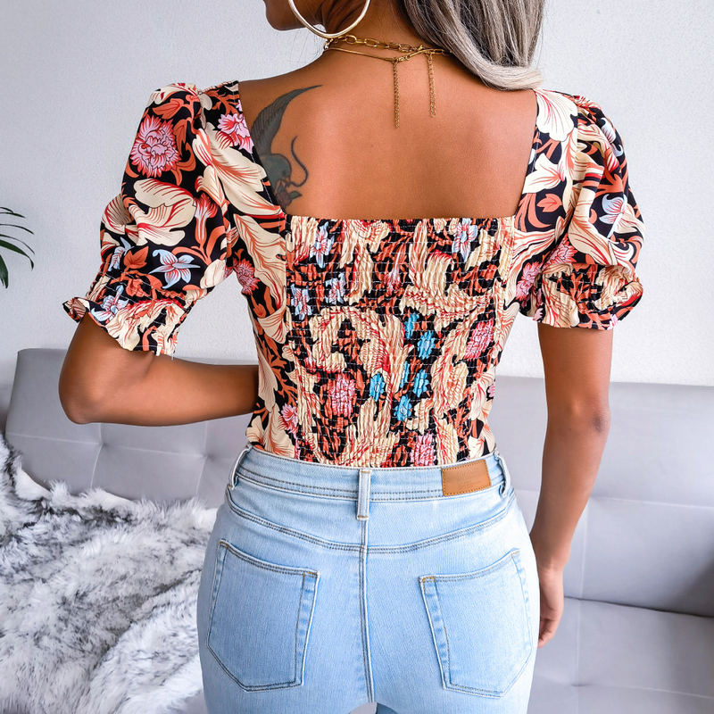 INS2022 Primavera/Verão Novo Sexy Gola Quadrada Chiffon Fragmentado Top Feminino_voghion.com