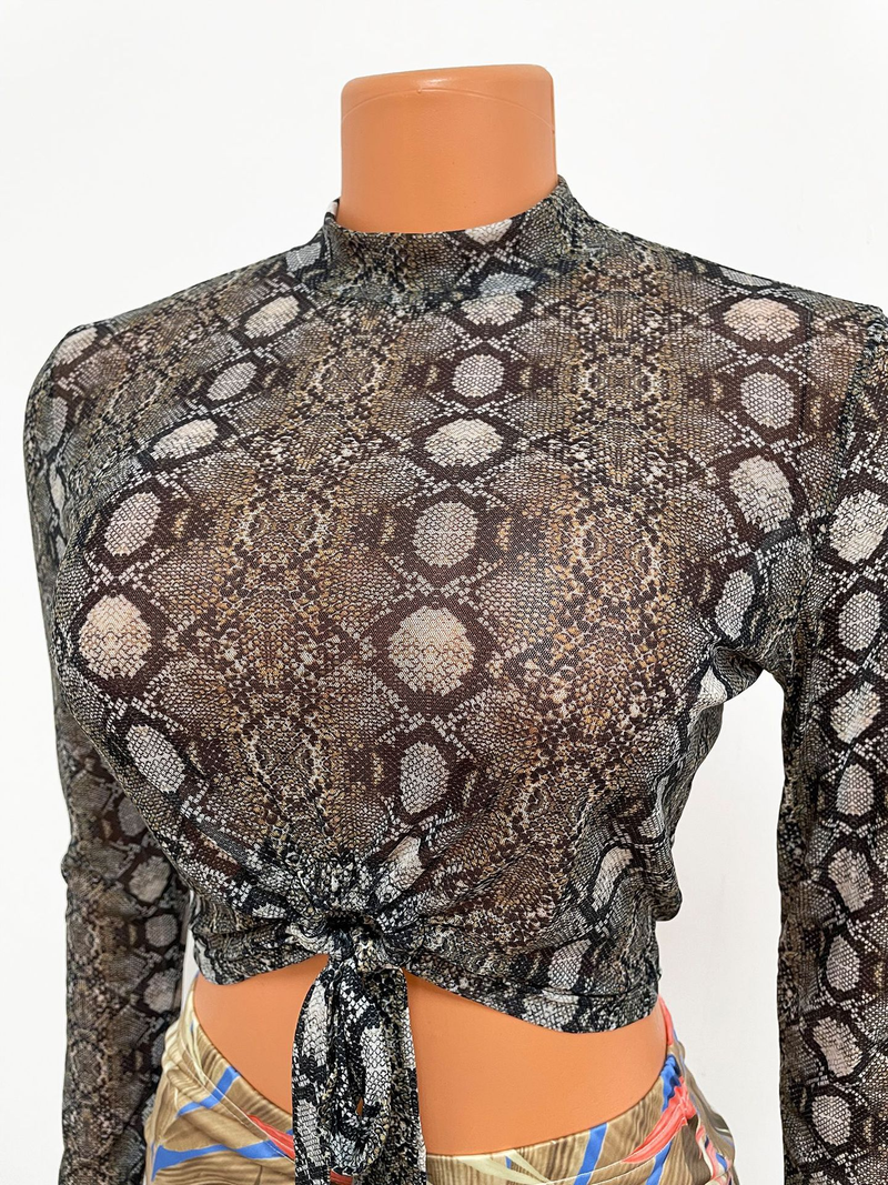 Top a maniche lunghe da donna con stampa serpente trasparente alla moda, abbigliamento da donna_voghion.com