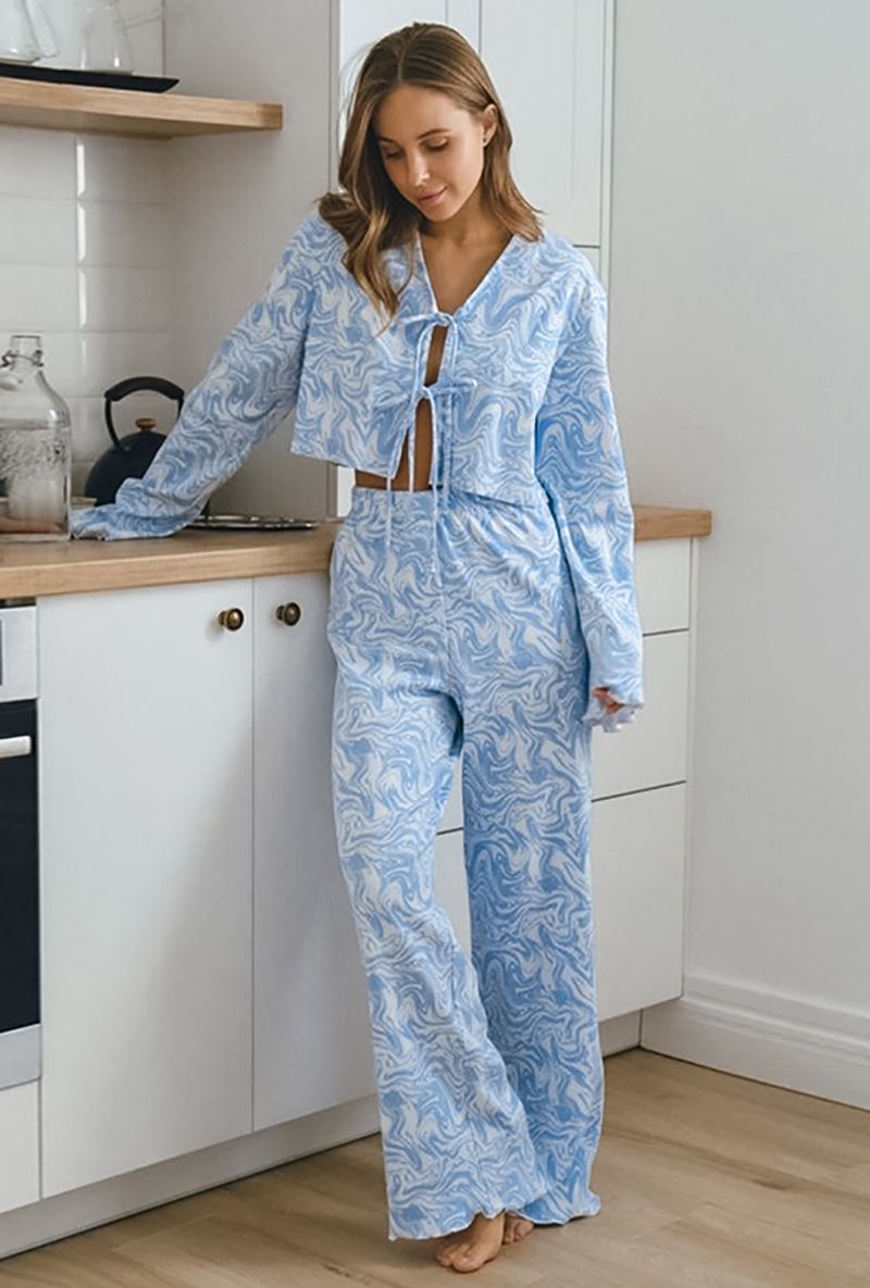 Pigiama da donna con pantaloni stampati blu, nuovo set pigiama con lacci, abbigliamento per la casa per donne del commercio estero_voghion.com