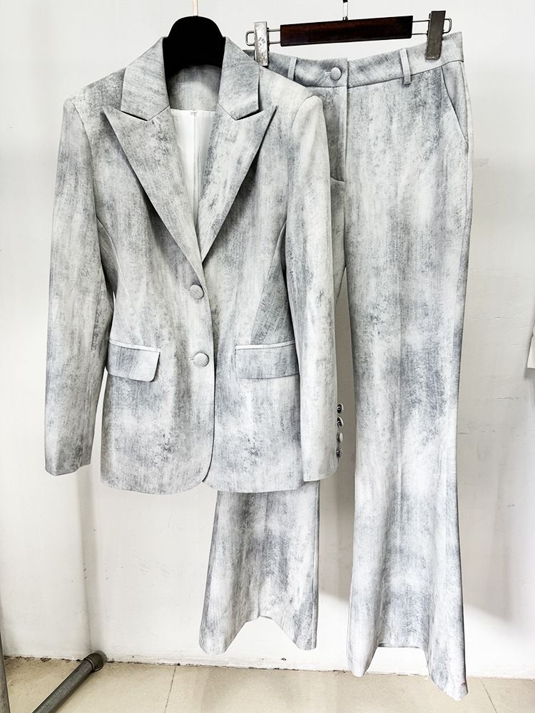 Vêtements pour femmes début du printemps, nouveau costume slim à imprimé tie-dye, mi-long, veste, pantalon, costume deux pièces_voghion.com