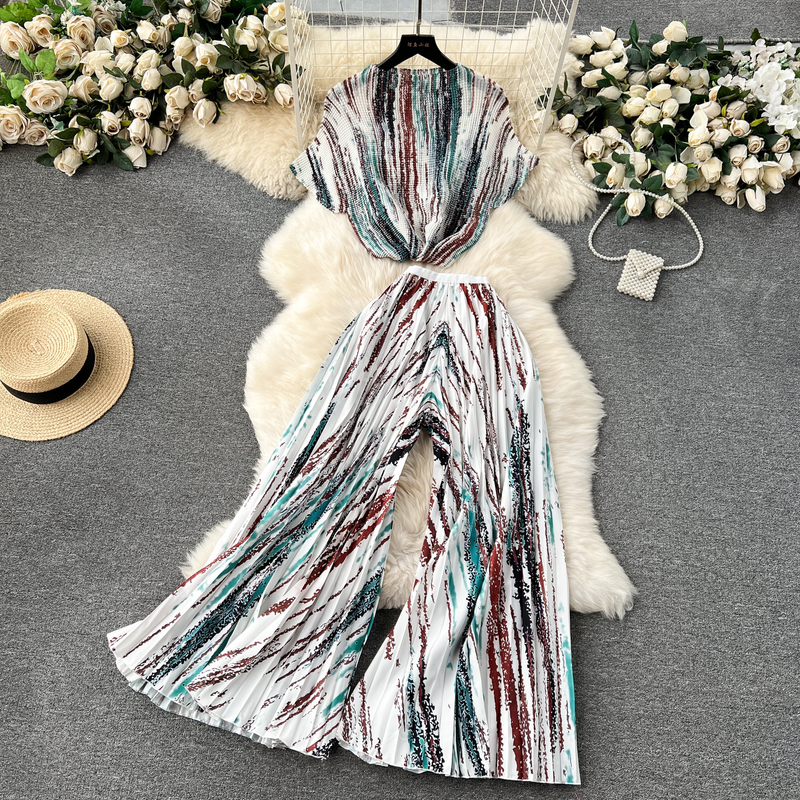 Ensemble deux pièces pour femme, t-shirt à manches courtes plissé et résistant, imprimé, taille haute, pantalon large_voghion.com
