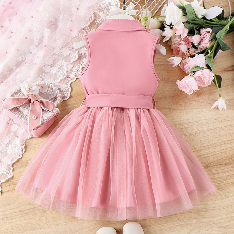 Kid's Clothing Girls Sleeveless Stand Up Collar Buttoned Suit Mesh Princess Skirt Belt Two Piece Suit_voghion.com