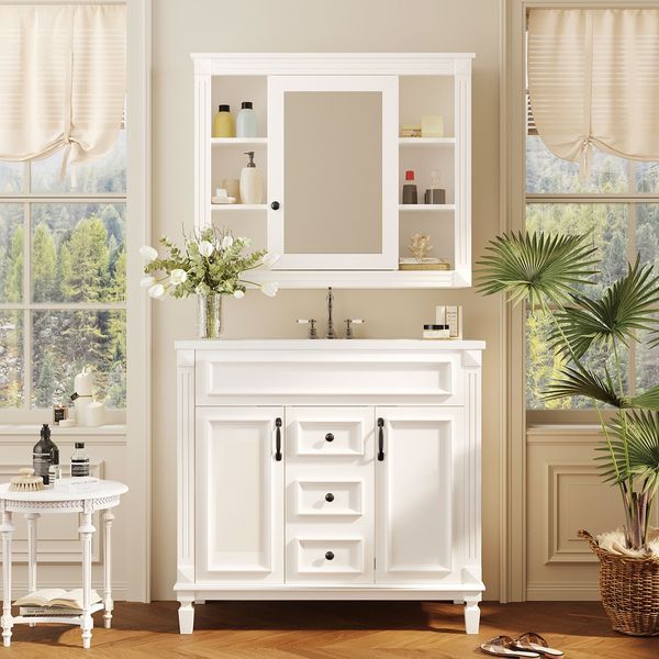 36'' Bathroom Vanity With Top Sink, Royal Blue Mirror Cabinet, Modern Bathroom Storage Cabinet With 2 Soft Closing Doors And 2 Drawers, Single Sink_voghion.com
