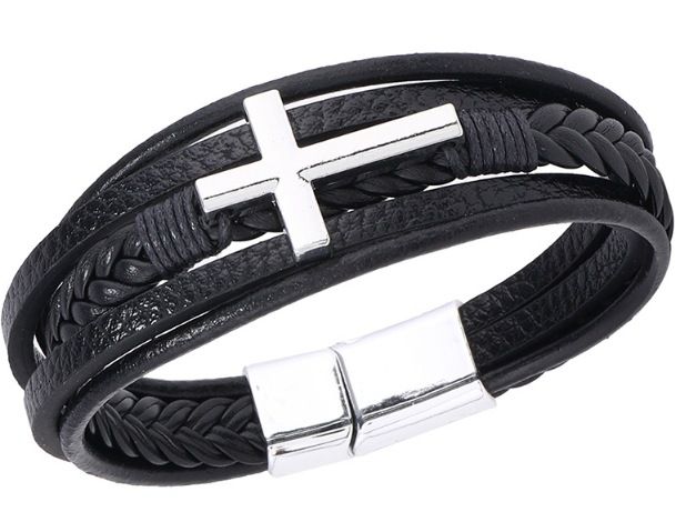 Bracciale in pelle con croce laccata nera, multistrato, per uomo, gioielli di moda_voghion.com