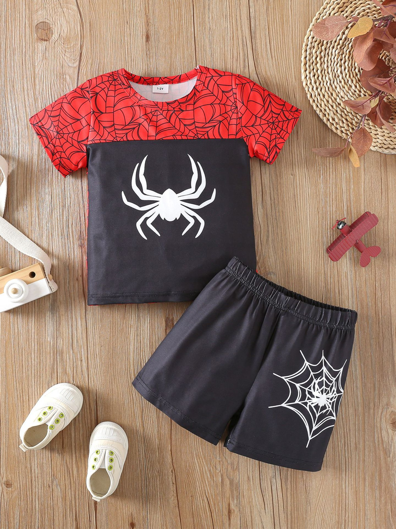 Mother&Kids Boys' summer splicing spider print short-sleeved two-piece children's suit children's newborn children's suit_voghion.com