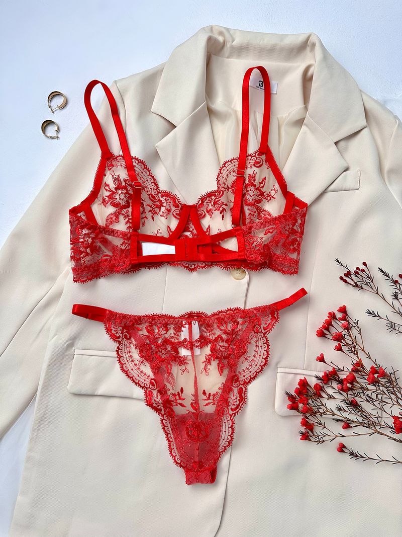 Damen Dessous Übersee Blumenstickerei Durchsichtiges Netz Sexy Bequemes Einfaches Und Elegantes Unterwäscheset_voghion.com