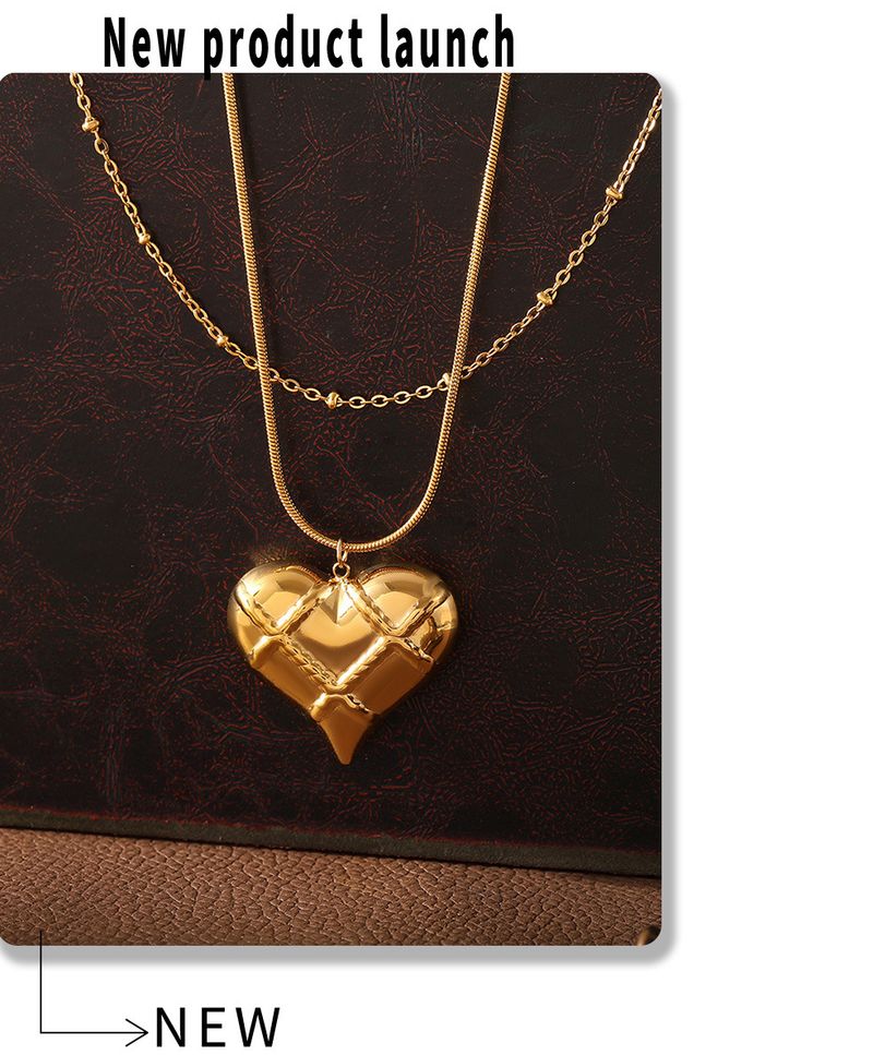 Hollow Plaid Heart-shaped Pendant Necklace Made Of Stainless Steel PVD Vacuum Layered, High-end Clavicle Chain_voghion.com