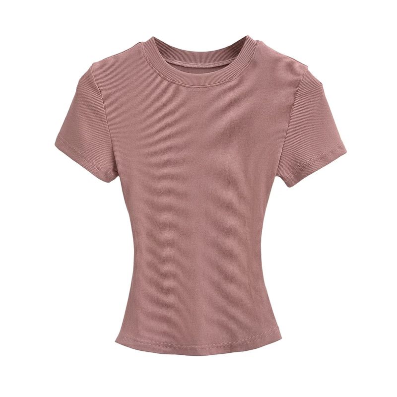 Maglietta estiva da donna sexy con scollo rotondo e maniche corte, tinta unita, con cuciture a vista_voghion.com