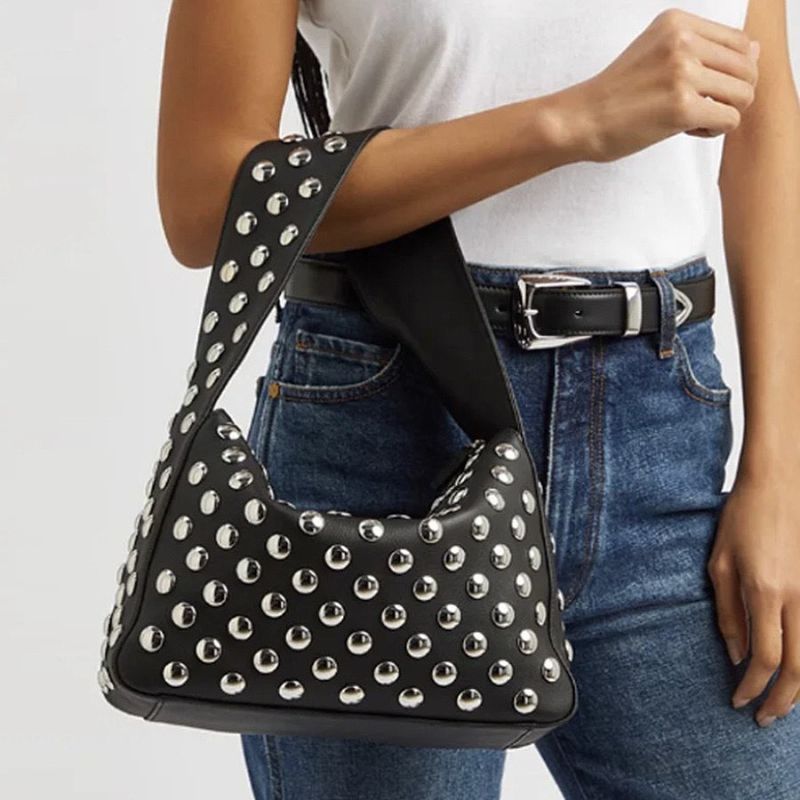 Borsa a tracolla da donna con rivetti decorativi, borsa a tracolla da motocicletta, borsa da ascella da donna retrò alla moda_voghion.com