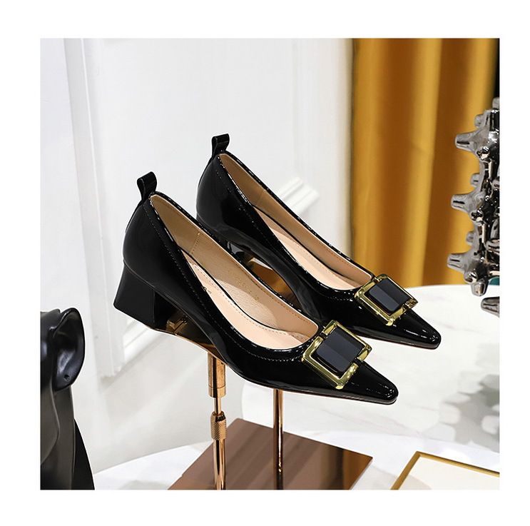 Women's shoes with thick patent leather shallow mouth small square head metal buckle decorative spring and autumn single shoes_voghion.com