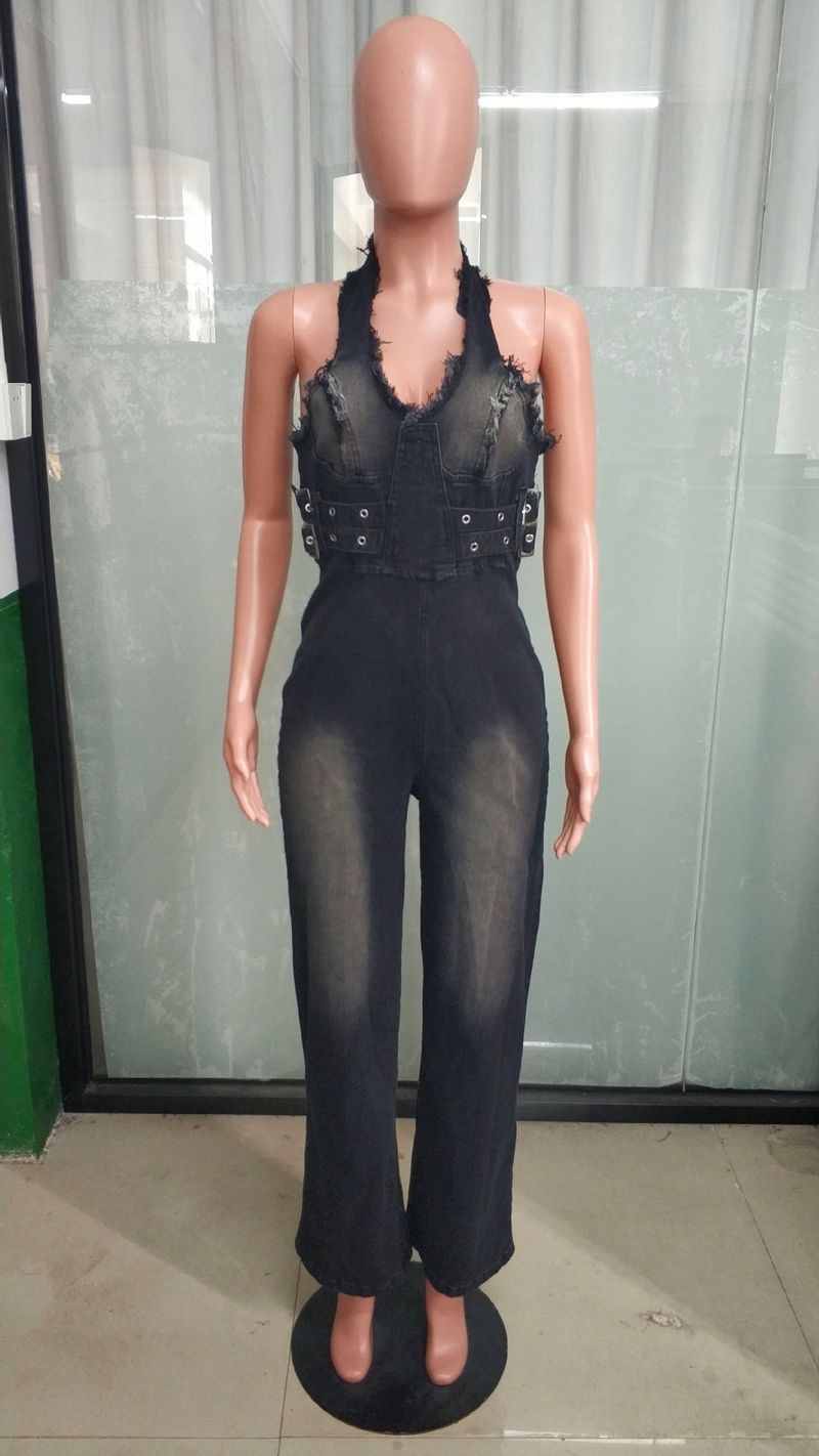 Women's Clothing Tight Waist Slim Elastic Washed Denim Jumpsuit Halter Neck Loose Jumpsuit_voghion.com