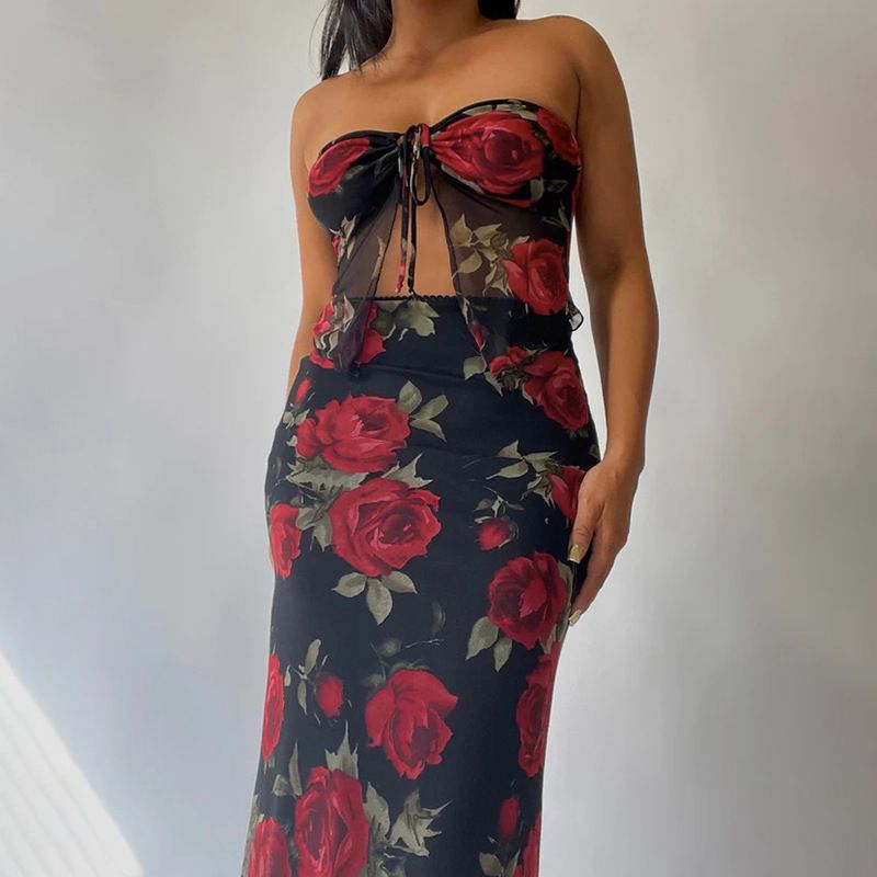 Women's Clothing Fashion Mesh Printed Tube Top Skirt Suit Summer New Slim Fit_voghion.com