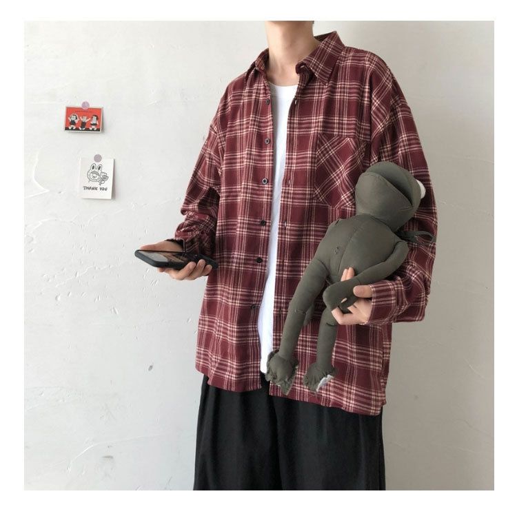 Herrenbekleidung Übergröße Kariertes, gebürstetes Langarmhemd Trendy Fat Casual Loose Tops_voghion.com