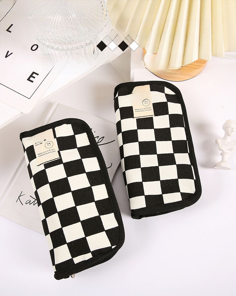 ins style black and white checkerboard pencil bag large capacity stationery bag canvas student simple high value pencil bag wholesale_voghion.com