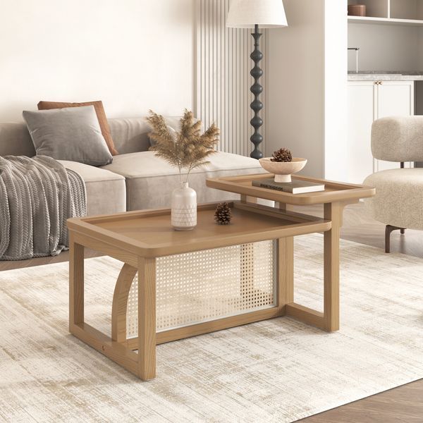 Modern 2 Piece Nesting Rattan Wood+ MDF Coffee Table Set In Natural_voghion.com