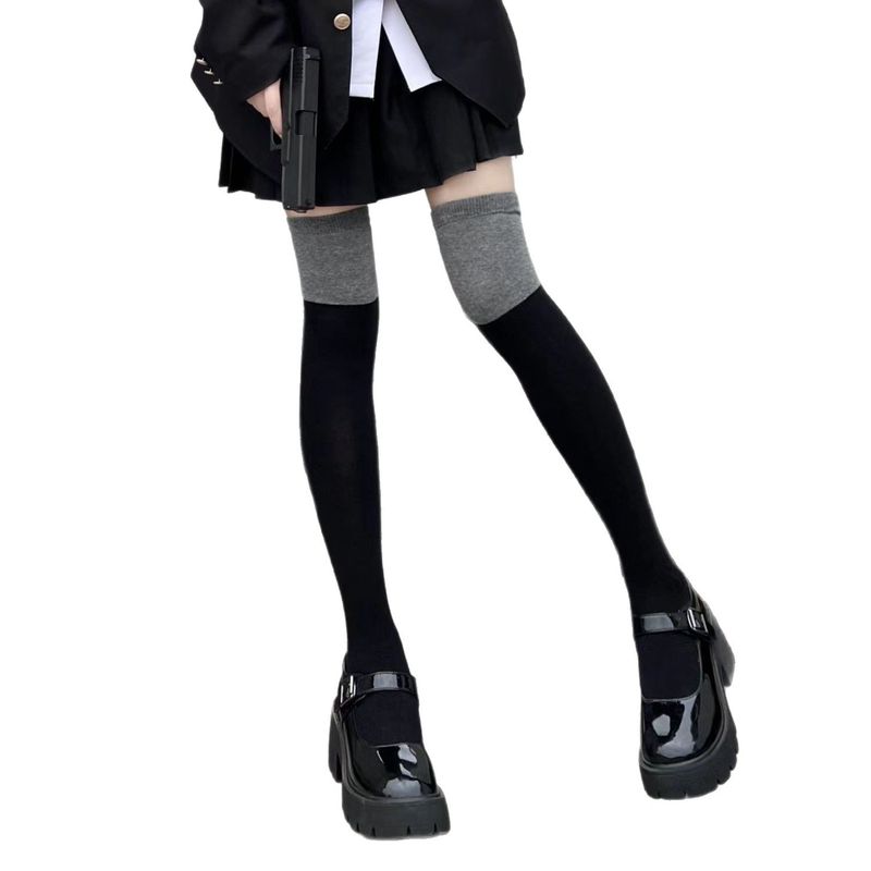 Farbblock für Damen, Frühling, Herbst, Mitte der Wade und graues Patchwork, lang, übers Knie, halbes Bein, trendig, Student, schwarzes Kalbsleder_voghion.com