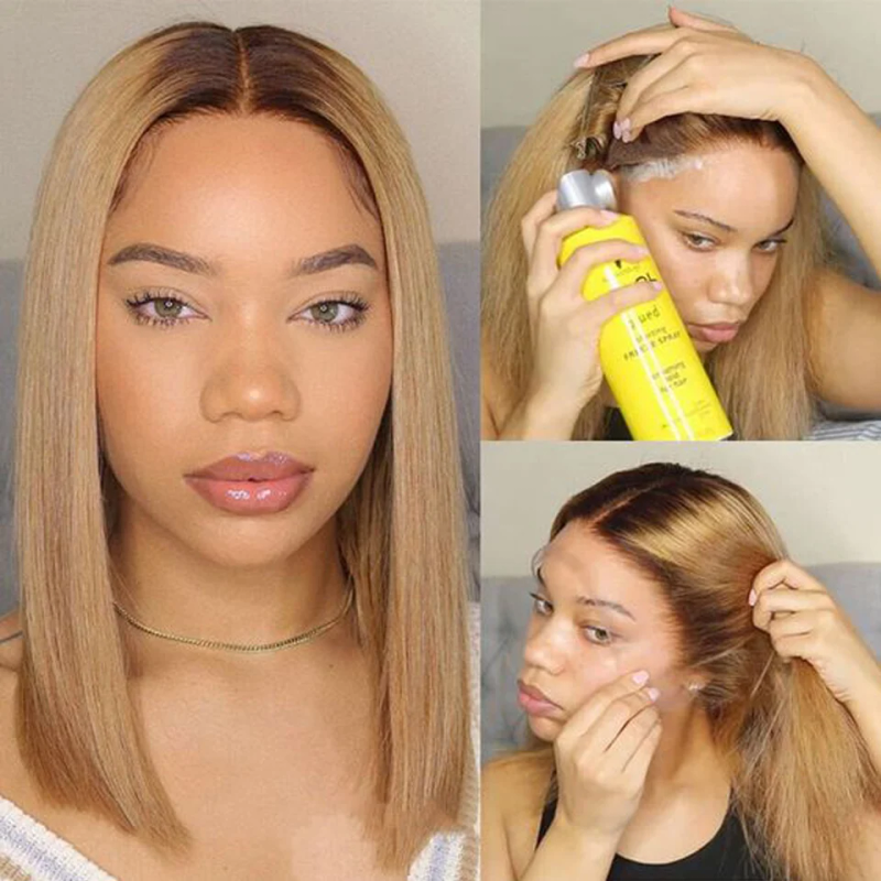 Kurze Bob-Ombre-Perücken aus Echthaar, blond, glatt, mit Spitzenfront_voghion.com