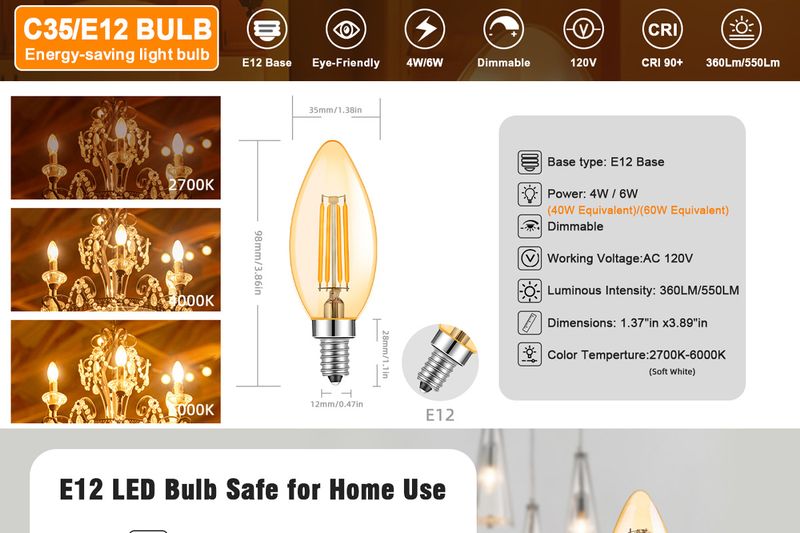 C35/B10 LED Filament Bulb - 120V Waterproof Vintage Glass Edison Bulb, Dimmable & Shatterproof_voghion.com