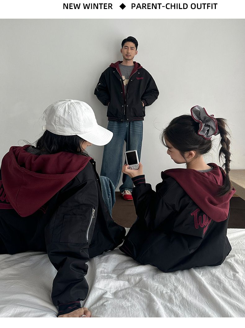 Cappotto invernale con cappuccio ricamato in stile coreano – Giacche coordinate per la famiglia, per genitori e bambini (80 cm-3XL, nero/classico)_voghion.com