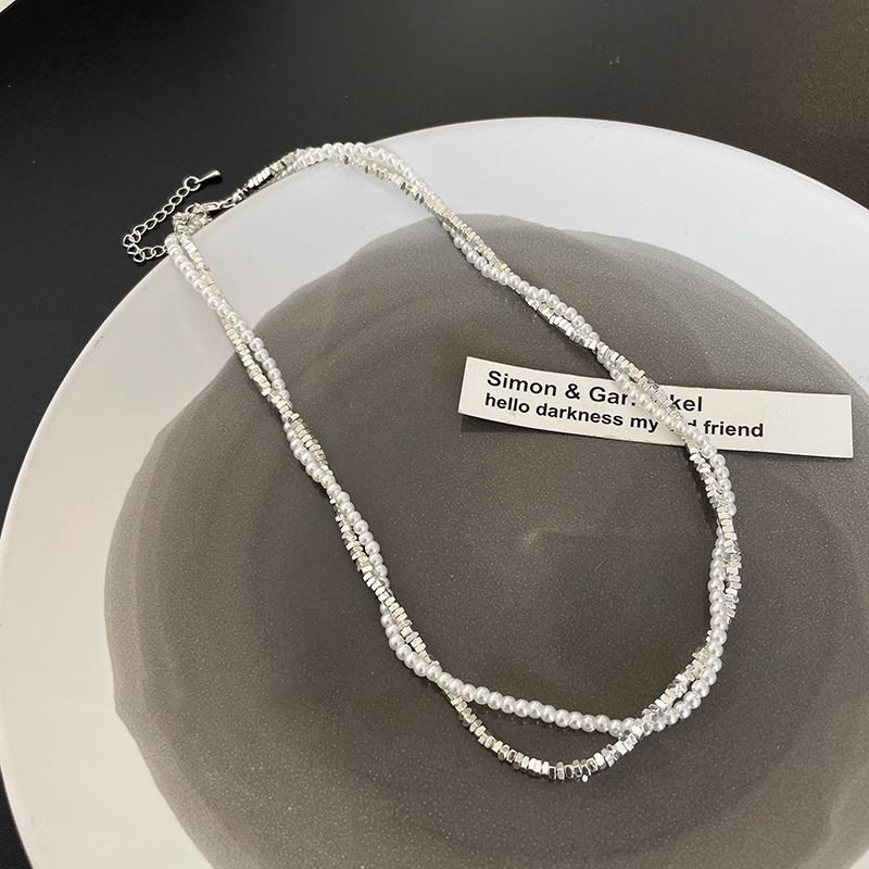 Colier dublu strat cu perle argintii rupte, nișă feminină, personalitate retro, simplu și versatil, colier cu temperament, lanț de claviculă_voghion.com