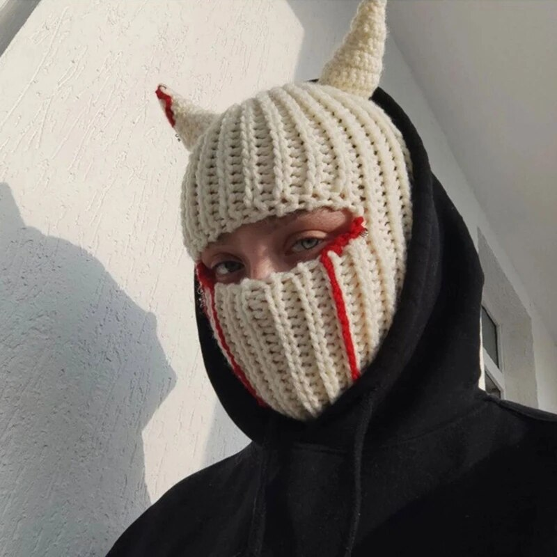 Gorro de punto con cuernos divertidos para Halloween, gorro cálido para cubrir toda la cara, máscara de esquí, pasamontañas a prueba de viento para deportes al aire libre_voghion.com