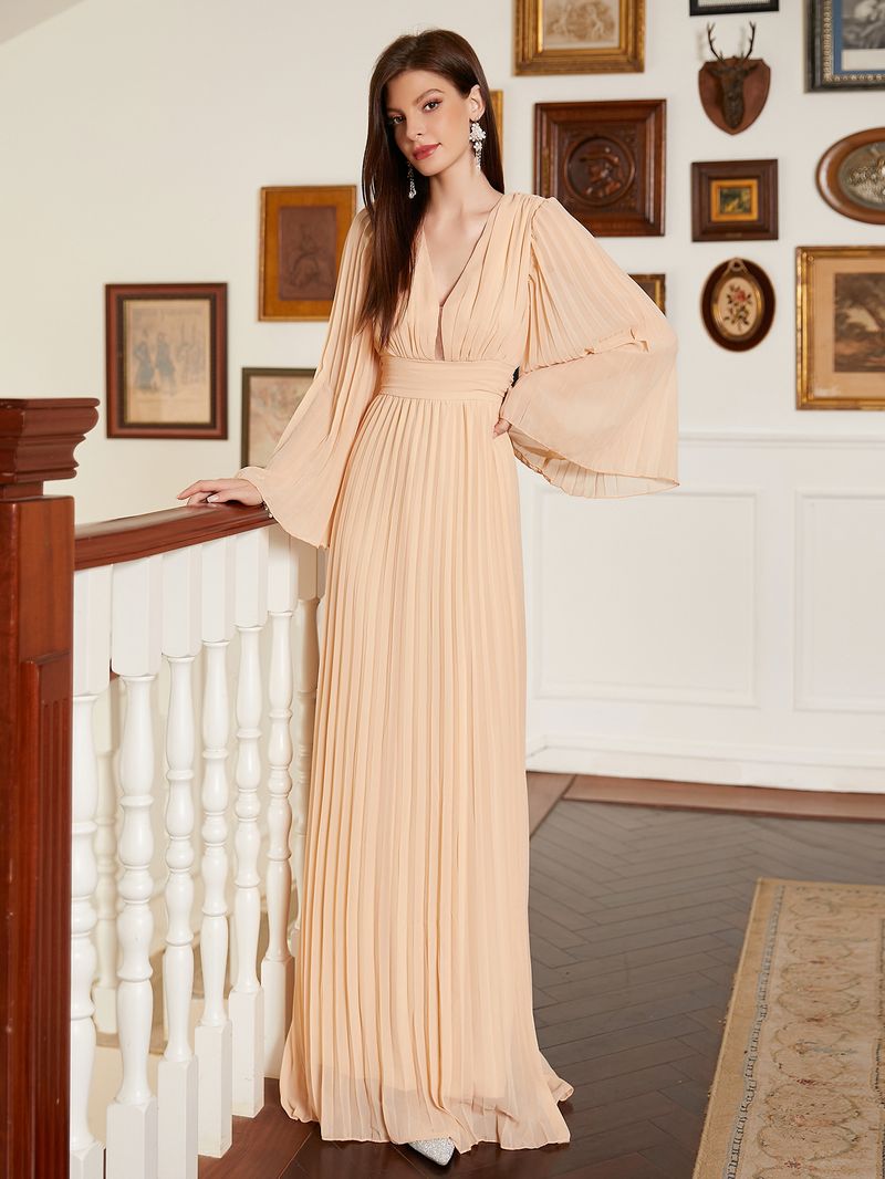 Robe de soirée longue élégante à col en V pour femme - Robe trapèze longue au sol avec volants, décolleté en V profond et manches longues pour banquet ou bal de fin d'année_voghion.com