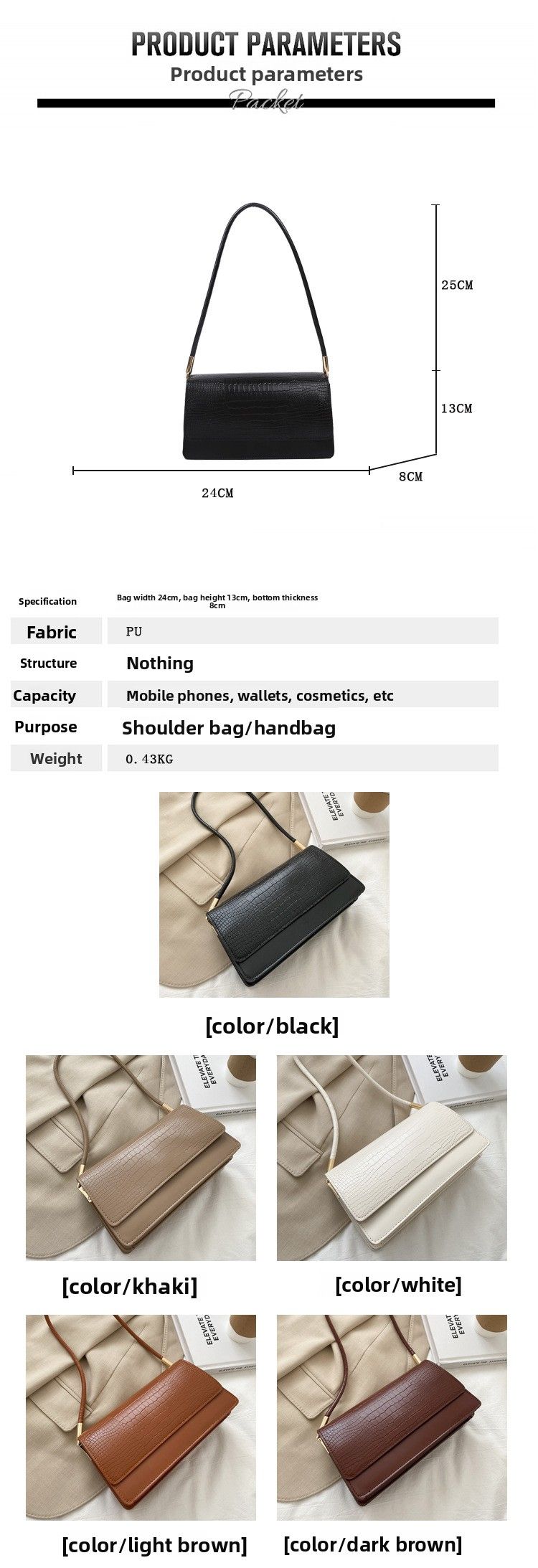 Crocodile Pattern Handbag Women's Bag Retro Underarm Bag Versatile Niche Small Square Bag_voghion.com