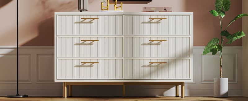 Commode 6 tiroirs, meuble haut blanc pour chambre et salon, 75 x 120 x 40 cm_voghion.com