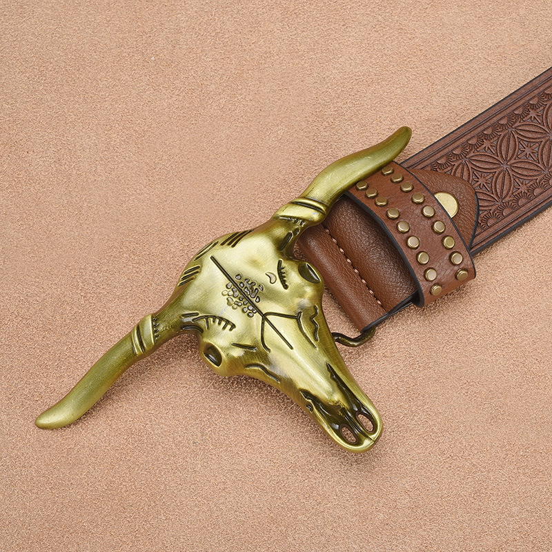 Cowhide Embossed Western Cowboy Personality Rivet Men's Wenzhou Belt Trend_voghion.com