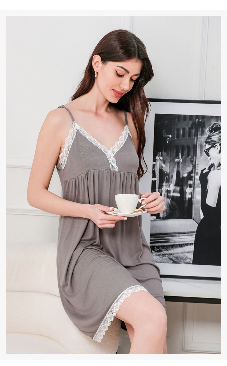 Geribbelde katoenen patchwork kant draagbare losse bandjes nachtjapon voor vrouwen plus size sexy nachtkleding homewear_voghion.com