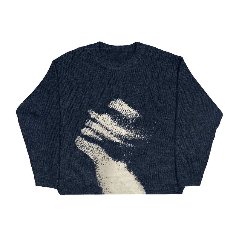 Koyu Estetik Sokak Örgüsü Kazak - Kontrast Detaylara Sahip, Düşük Omuzlu, Uzun Kollu, Gotik Esintili Grafik Desenli Büyük Boy Unisex Kazak_voghion.com