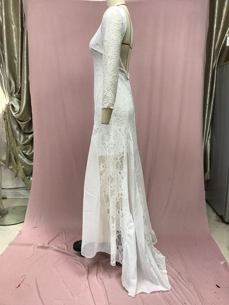 Damesjurk Ronde hals Lange mouw Holle rugloze kant Celebrity Banket Trouwjurk_voghion.com